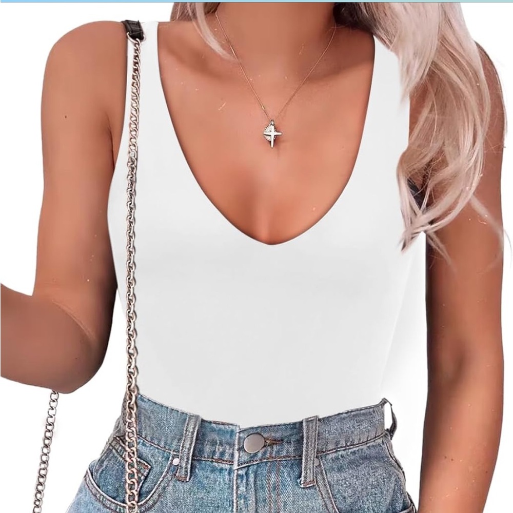 White Stretchy Deep V-Neck Bodysuit - Medium